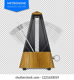 Vintage wooden style of classic metronome with pendulum in motion on transparent background realistic vector illustration