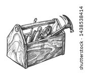 Vintage Wooden Toolbox With Old Instrument Vector. Hammer Screwdriver Pliers Woodworking Repairing Equipment In Toolbox. Black And White Hand Drawn In Retro Style Cartoon Illustration