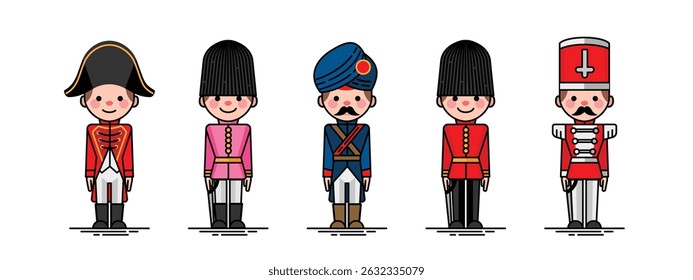 Vintage wooden toy soldier, the nutcracker, cute cartoon illustration of traditional soldiers or guardsman in historical uniform. Flat vector style.