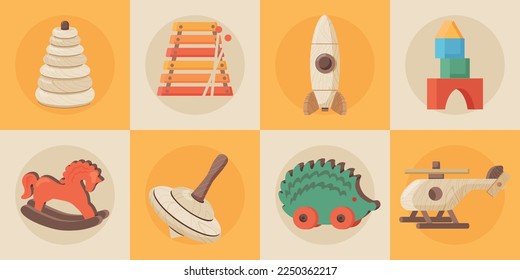 Vintage wooden toys flat square icons demonstrating cubes horse helicopter whirligig rocket pyramid vector illustration
