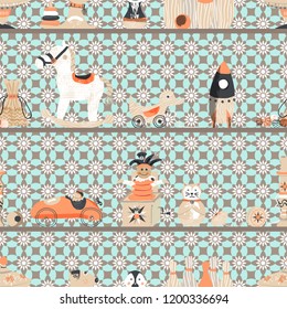 Vintage wooden toys on shelves seamless vector pattern background. Great for nursery, wallpaper, gift wrap, backdrop, scrapbook, fabric and more.