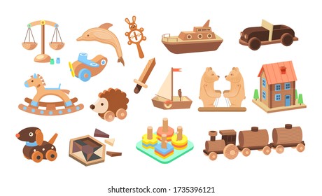 Vintage wooden toys set. Toys for children made of wood bears, plane, scales, sword, rattle, hedgehog, puzzle, dog, house, wheels, dolphin, car boat train rocking-horse cartoon vector