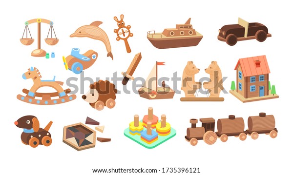 Vintage wooden toys set. Toys for children made of\
wood bears, plane, scales, sword, rattle, hedgehog, puzzle, dog,\
house, wheels, dolphin, car boat train rocking-horse cartoon\
vector