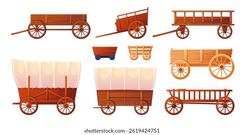 Vintage wooden wagons. Covered tent farmer wheelbarrows, western old horse carts, cartoon farming vehicles, wild west transport, countryside transportation isolated objects classy vector set
