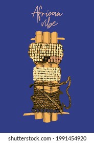 Vintage wooden wind musical instrument. Traditional African culture attributes. Vector historical stuff.