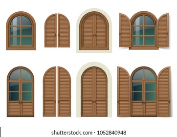 Vintage wooden window and door with shutters. Mediterranean style. Traditional architecture. Vector graphics. Item set.