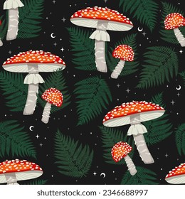 Vintage woodland nature seamless pattern. Amanita mushroom, fern witchcraft wallpaper. Botanical texture. Forest mushroom illustration on dark background. 