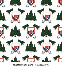 Vintage woods camp seamless pattern background travel hand drawn emblems nature mountain camp outdoor vector illustration.