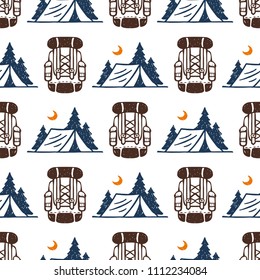 Vintage woods camp seamless pattern background travel hand drawn emblems nature mountain camp outdoor vector illustration.