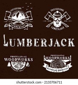 Vintage woodworking axe logo design, creative carpentry lumberjack typography emblem, grunge print stamp, vintage