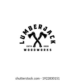 Vintage Woodworking Cross Axe Logo Design, Creative Carpentry Lumberjack Typography Emblem Vector