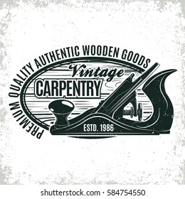 Vintage woodworking logo design,  grange print stamp, creative carpentry typography emblem, Vector