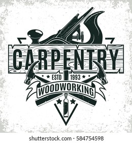 Vintage woodworking logo design,  grange print stamp, creative carpentry typography emblem, Vector