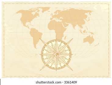 Vintage word map grunge background with retro compass. Vector illustration