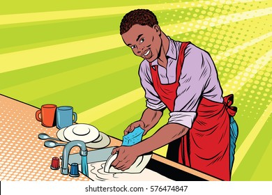 Vintage Worker Washes Dishes. Pop Art Retro Vector Illustration. Homework And Cleaning Service. African American People