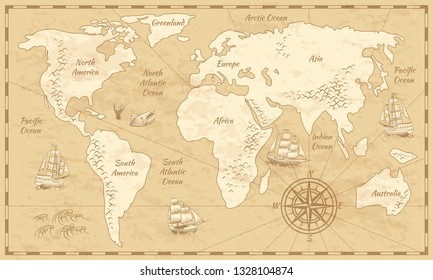 Vintage world map. Ancient world antiquity paper map with continents ocean sea old sailing vector background