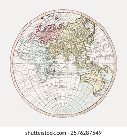 Vintage world map of Asia, Europe, and Australia. Detailed vintage map showing continents and countries. Antique map style, vintage globe illustration. Vintage illustration isolated on white, vector.