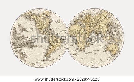 Vintage world map with continents and countries. Antique map style, showcasing continents and countries. Historical world map with detailed continents and countries. Vintage art illustration vector.