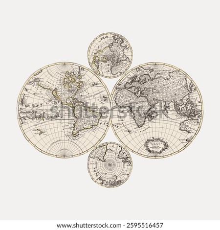 Vintage world map with four circular sections. Antique map design, detailed world map with continents. Classic map style, showcasing historical cartography. Vintage art illustration, vector.