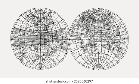 Vintage world map illustration showing two hemispheres with detailed geographic lines and labels. Antique map design with intricate cartographic details. Vintage art illustration, vector.