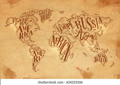 Vintage world map with inscription greenland, north, south america, africa, europe, asia, australia, russia drawing on craft background