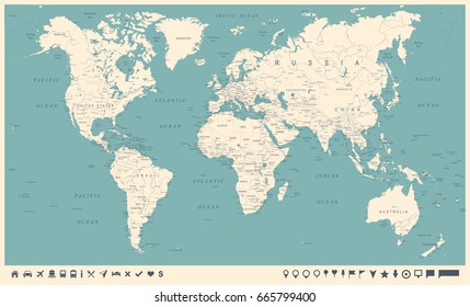 Vintage World Map and Markers - Detailed Vector Illustration