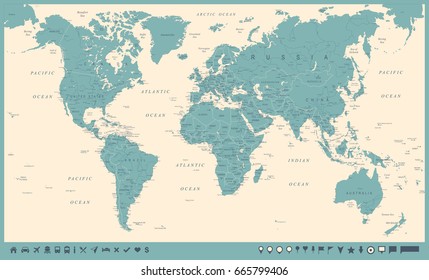 Vintage World Map and Markers - Detailed Vector Illustration