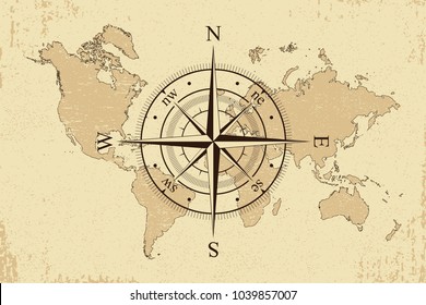 Vintage world map with retro compass. Background old paper map and wind rose. Vector illustration.