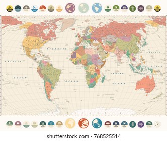 Vintage World Map and Round Flat Icons. Large Detailed World Map vector illustration.