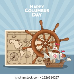 vintage world map with rudder and sailing ship over blue background. Happy Columbus day colorful design, vector illustration
