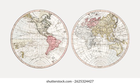 Vintage world map with two hemispheres. Detailed hemispheres show continents and oceans. Antique map style with labeled hemispheres and geographic details. Vintage art illustration vector.