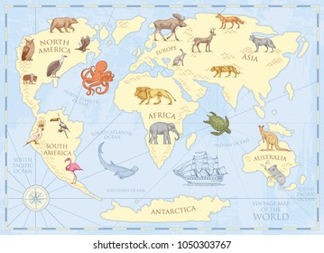 Vintage world map with wild animals and mountains. Sea creatures in the ocean. Old retro parchment. wildlife on earth concept. background or poster for kids. engraved hand drawn, mainland and island.