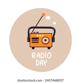 Vintage world radio day logo banner.  vector doodle cartoon flat illustration.