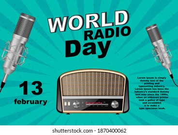 Vintage world radio day. Vintage radio and microphone isolated on a birchise background. specially for a banner, postcards, invitations. Vector illusion
