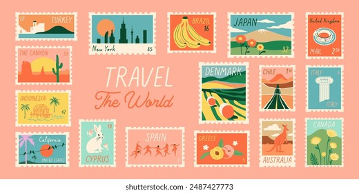 Ilustración de sello de postal de Antiguas world travel. Pegatina de franqueo de paisaje rural internacional de estilo retro, sello postal de correo de Lugar famoso, etiqueta postal de vista de ciudad turística.