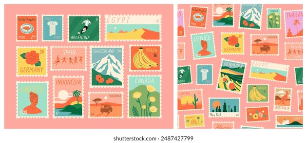 Vintage world travel post card stamp seamless pattern set. Retro international country landscape postage sticker background, famous landmark mail postmark wallpaper, tourism city postal label print.