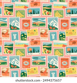 Vintage world travel post card stamp seamless pattern. Retro style international country landscape postage sticker background, famous landmark mail postmark wallpaper, tourism city postal label print.