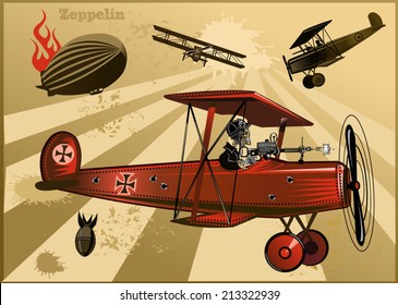 Vintage World War Biplanes And Zeppelin. World War I 