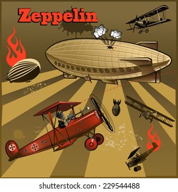 Vintage World War Biplanes And Zeppelin. World War I 