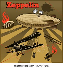 Vintage World War Biplanes And Zeppelin. World War I 