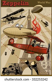Vintage world war biplanes and Zeppelin. World War I 