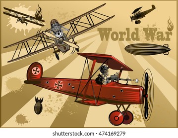 Vintage World War Biplanes And Zeppelin. World War I 