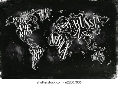 Vintage worldmap with inscription greenland, north, south america, africa, europe, asia, australia, russia drawing with chalk on chalkboard background.