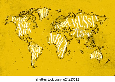 Vintage worldmap with inscription greenland, north, south america, africa, europe, asia, australia, russia drawing on yellow paper background.