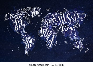 Vintage worldmap with inscription greenland, north, south america, africa, europe, asia, australia, russia drawing with chalk on blue background.