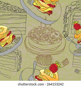  vintage wrapping paper with cakes and cookies hand drawing vector seamless 