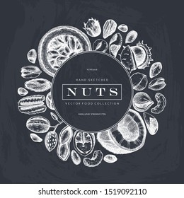 Vintage wreath design with nuts sketches on chalkboard. With vector pecan, macadamia, hazelnut,walnut, almond, pistachio, chestnut, peanut, hazelnut, coconut and cashew. Healthy food vector templete