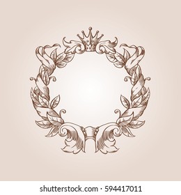 Vintage wreath in engraving style, in sepia