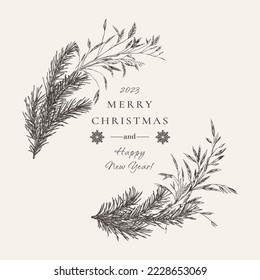 Vintage wreath with fir branches and dried grasses. Black and white. Botanical illustration. Vector holiday card. Engraving. 