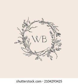 Vintage wreath with forest branches, barberry, eucalyptus and juniper. Floral design element. Vector botanical illustration. Black and white.
